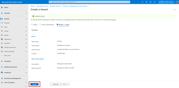 검토 및 만들기라는 세 번째 단계와 마지막 단계가 선택된 테넌트 만들기 마법사 탐색의 스크린샷. 녹색 정보 상자는 유효성 검사가 통과되었음을 확인합니다. 만들기라는 마법사 아래쪽에 있는 단추가 강조 표시됩니다.