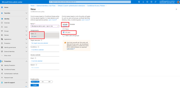 포함 탭의 라디오 버튼 옵션이 모든 사용자로 강조 표시된 사용자를 강조 표시하는 새 조건부 액세스 정책 블레이드의 스크린샷.