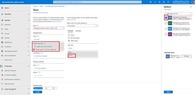 오른쪽에 열려 있는 클라우드 앱 선택 창에서 Woodgrove 식료품 앱을 선택하는 포함 탭이 있는 대상 리소스를 강조 표시하는 새 조건부 액세스 정책 블레이드의 스크린샷.