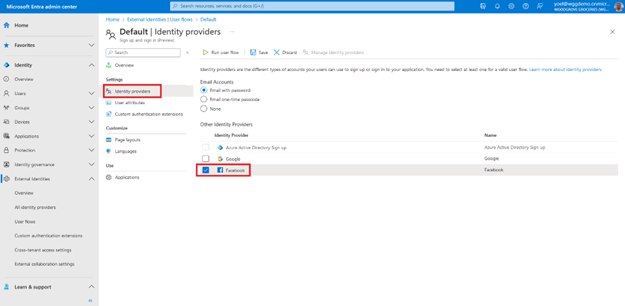 기본값이라는 사용자 흐름의 왼쪽 탐색에 강조 표시된 ID 공급자 설정의 스크린샷. Facebook은 다른 ID 공급자 목록에서 확인됩니다.