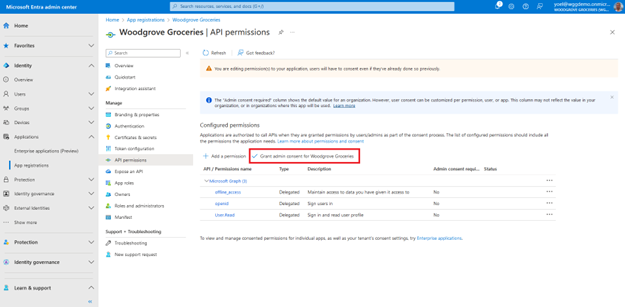API 권한 블레이드에서 강조 표시된 Woodgrove 식료품에 대한 관리자 동의 부여라는 단추의 스크린샷.