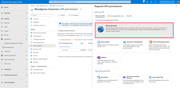 Microsoft Graph라는 선택 그룹이 강조 표시된 오른쪽에 열려 있는 요청 API 권한 창의 스크린샷