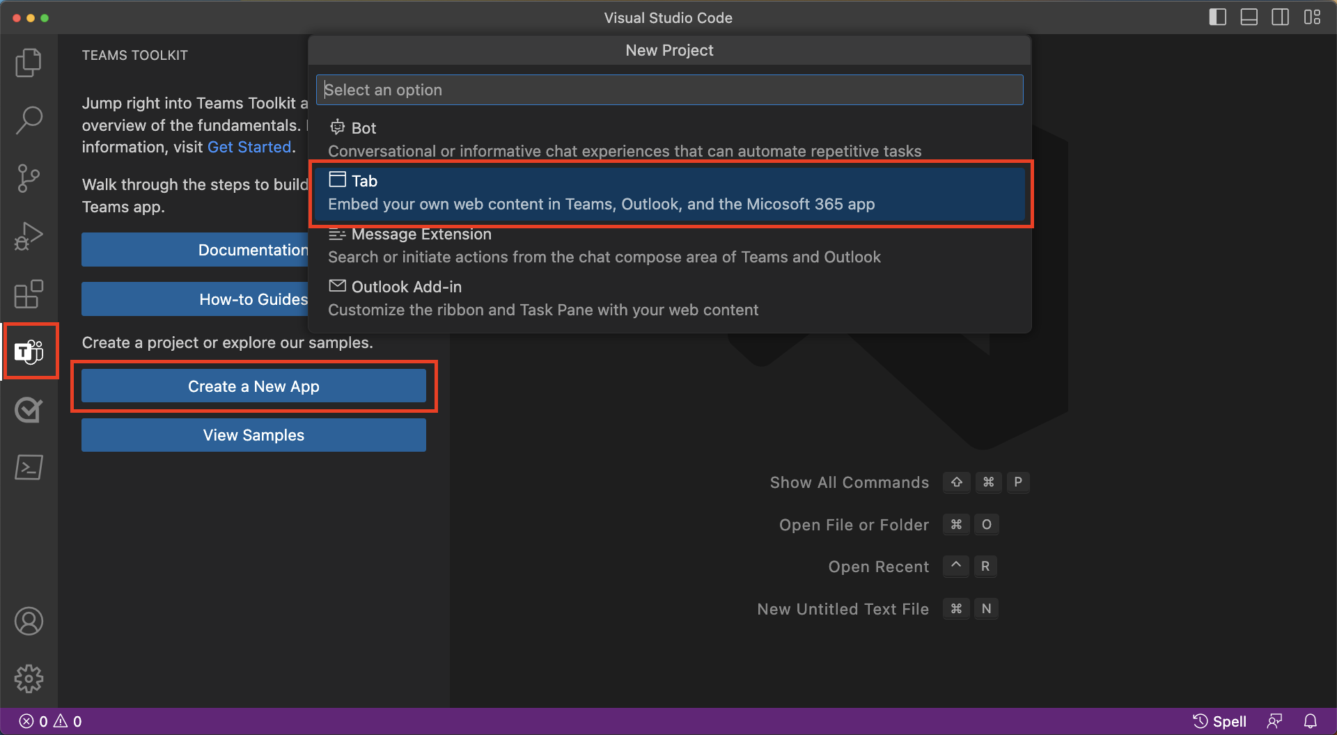 Visual Studio Code에서 새 Teams 앱을 만들기 위한 선택 항목을 보여 주는 스크린샷