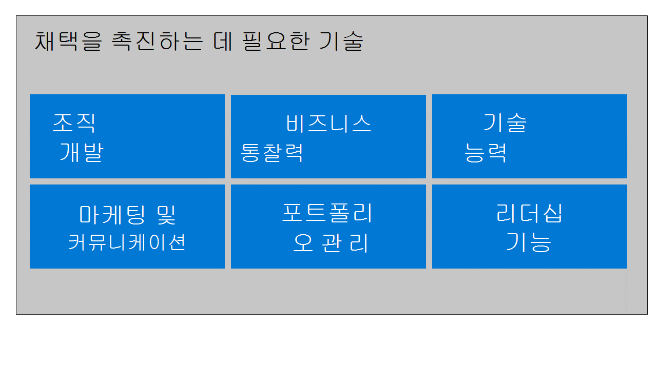 채택을 주도하는 핵심 기술 및 지식 영역 조직 개발, 비즈니스 인사이트, 기술 역량, 마케팅 및 커뮤니케이션, 포트폴리오 관리 및 리더십 능력.