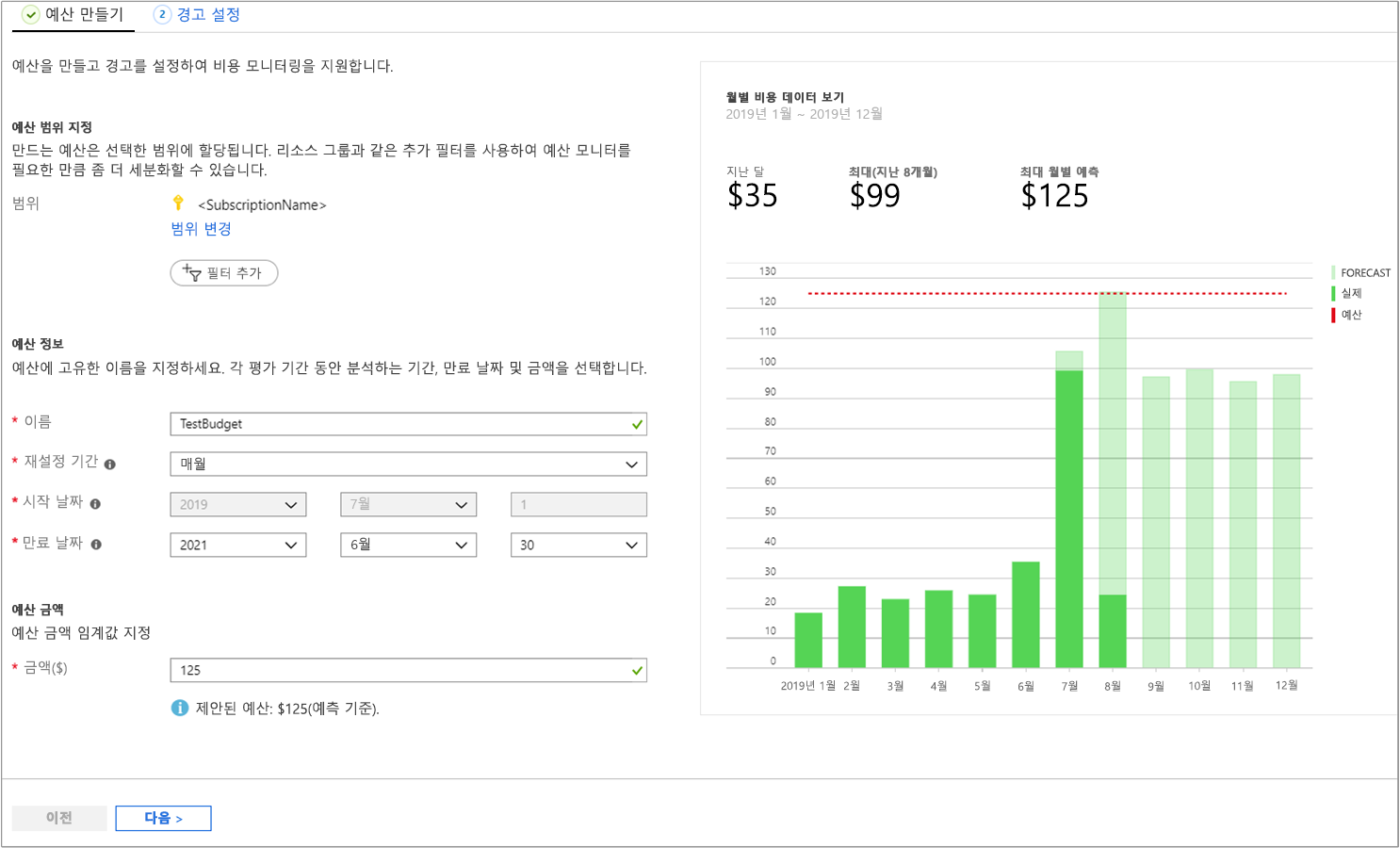 월별 비용 데이터를 사용한 예산 만들기 스크린샷