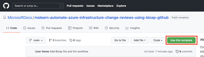 ‘이 템플릿 사용’ 단추가 강조 표시된 템플릿 리포지토리를 보여주는 GitHub 인터페이스의 스크린샷