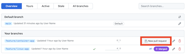 기능/컨테이너 앱 분기에 대한 끌어오기 요청을 만드는 링크를 보여주는 GitHub의 스크린샷