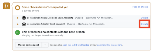 상태 확인 항목을 보여주는 GitHub 끌어오기 요청의 스크린샷. '배포' 작업의 '세부 정보' 링크가 강조 표시되어 있습니다.