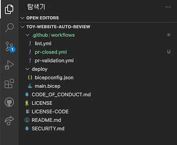 워크플로 폴더 안의 PRclosed.yml 파일을 보여주는 Visual Studio Code의 스크린샷