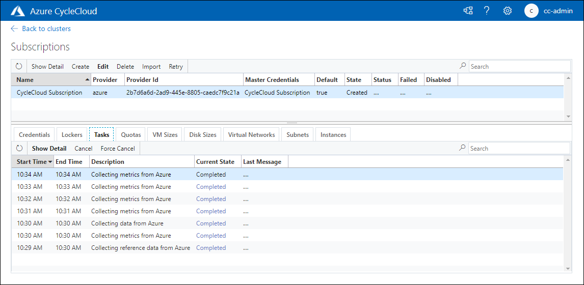 새로 추가된 구독을 나타내는 항목이 포함된 Azure CycleCloud 웹 애플리케이션의 구독 페이지를 보여 주는 스크린샷.