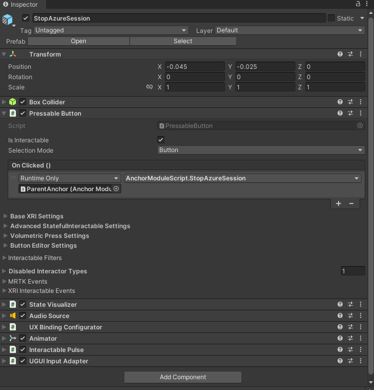 Screenshot of Unity with the StopAzureSession button's OnClick event configured.