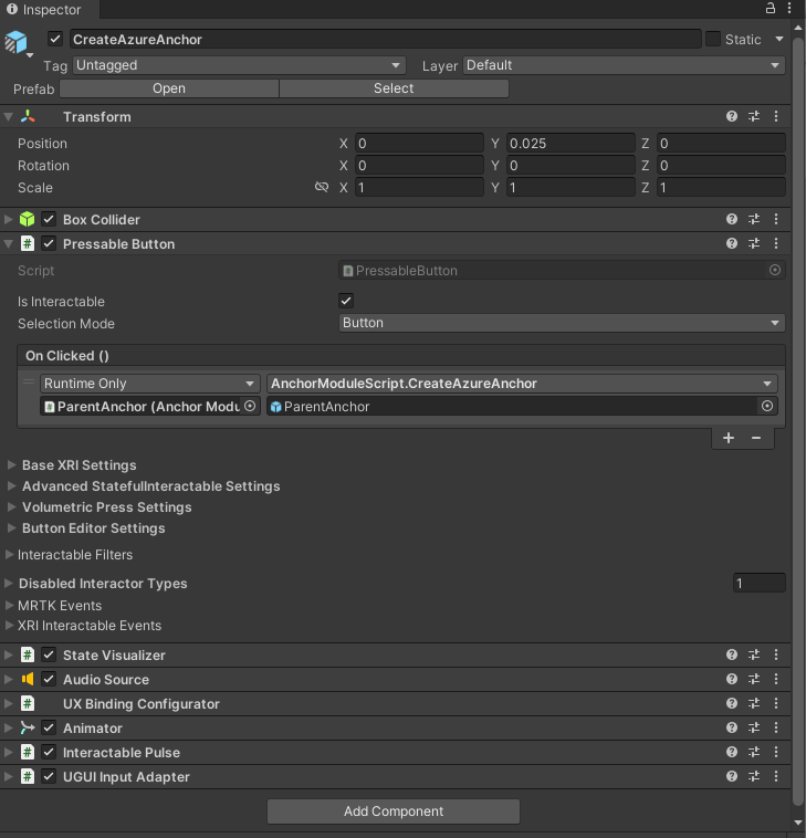 Screenshot of Unity with the CreateAzureAnchor button's OnClick event configured.