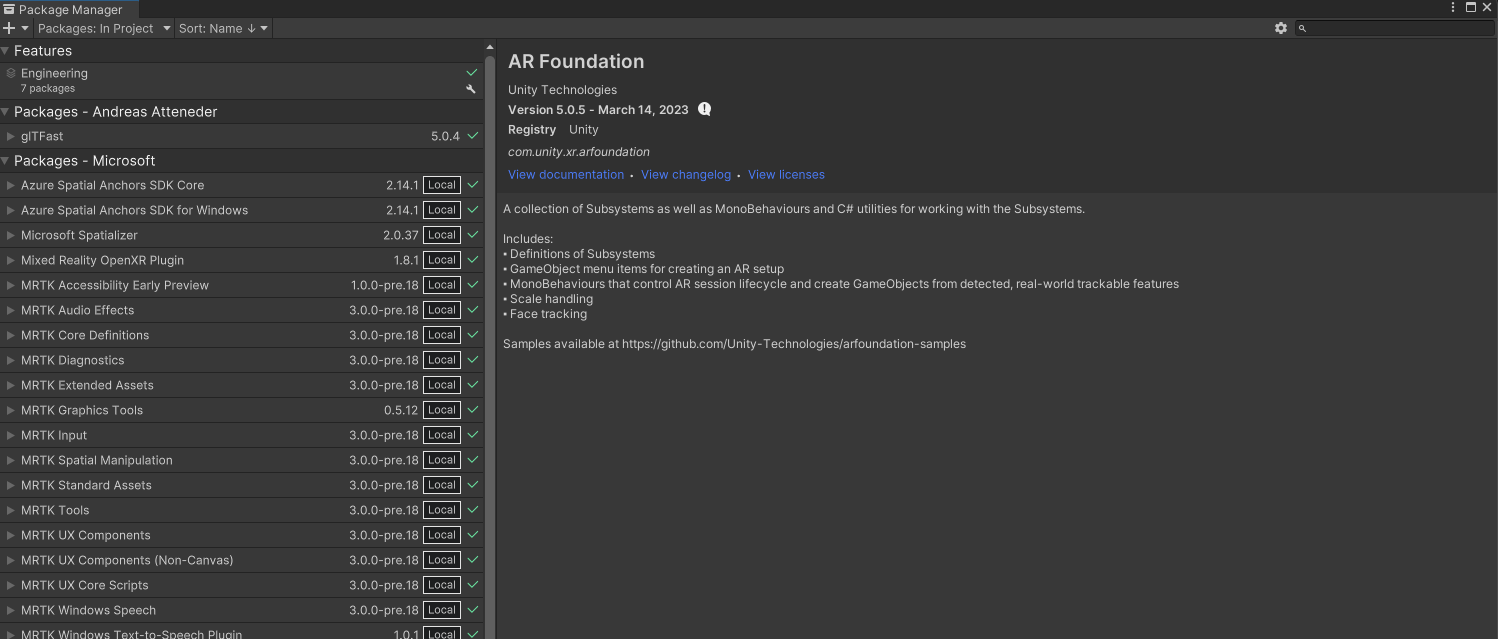 Screenshot of selections for verifying the AR Foundation version for Package Manager.