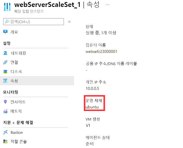 Virtual Machine Scale Set의 운영 체제를 보여 주는 Azure Portal 스크린샷