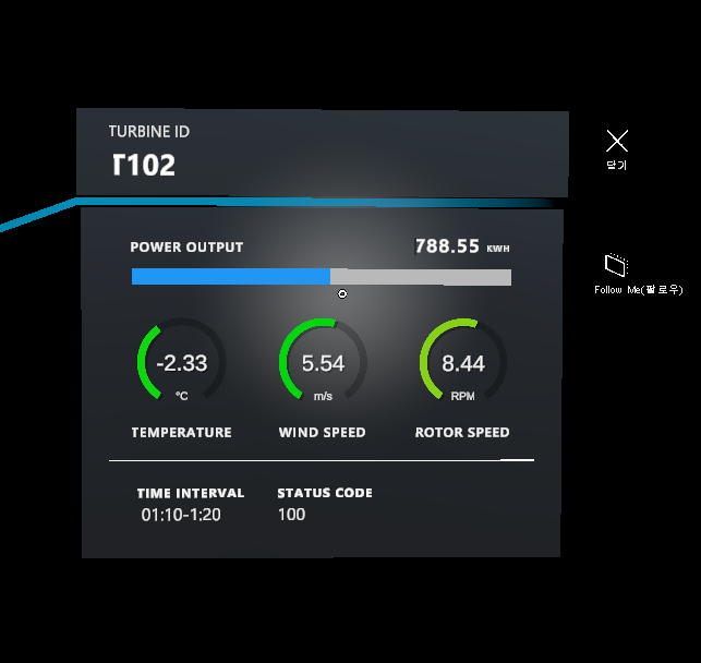HoloLens 2의 터빈 데이터를 표시하는 단일 정보 패널의 스크린샷