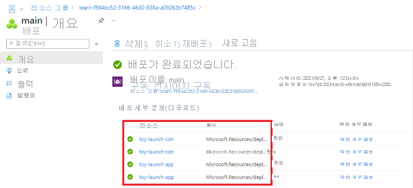 기본 배포의 배포 세부 정보를 표시하는 Azure Portal의 스크린샷.