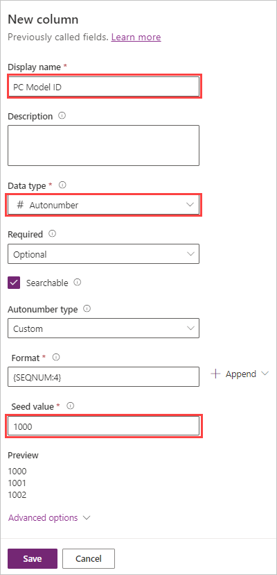 Screenshot of Data type, Format and Seed value.