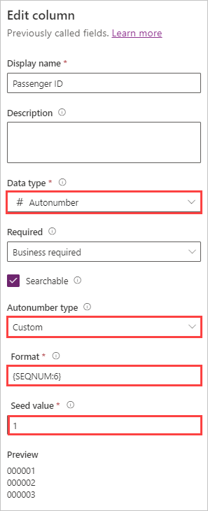 Screenshot of Passenger ID with Autonumber, Custom, SEQNUM:6 and 1 as values for the different fields.