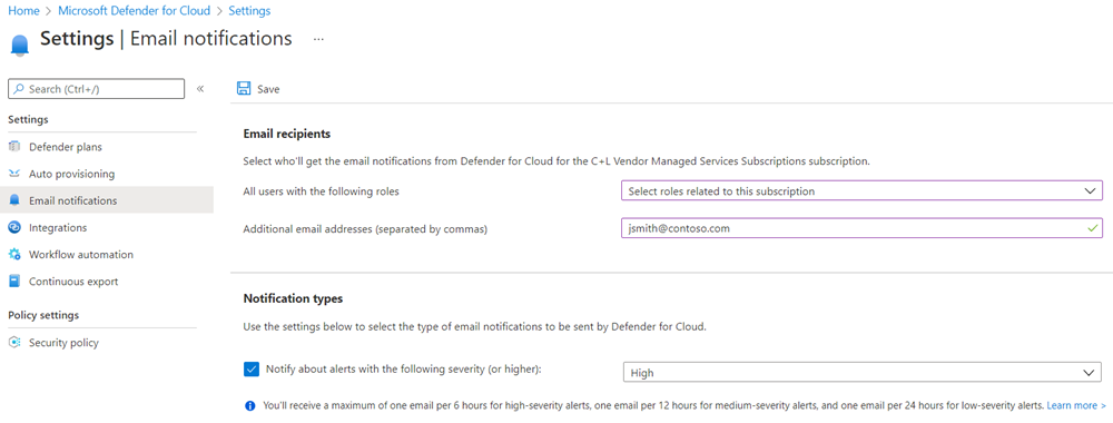 클라우드용 Microsoft Defender의 이메일 알림 설정 창을 보여주는 스크린샷