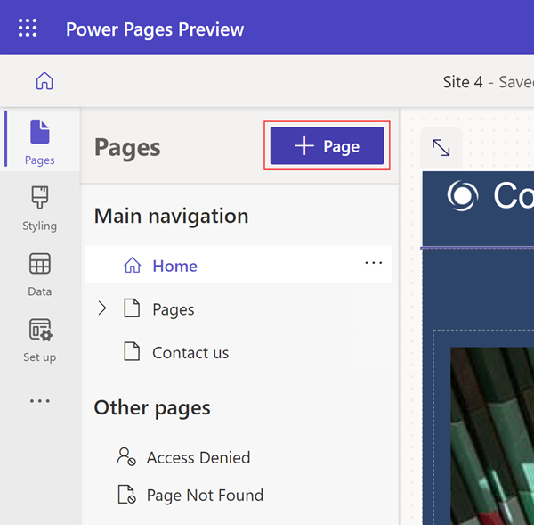 Screenshot of the button that allows the user to add a new page within the Design Studio.