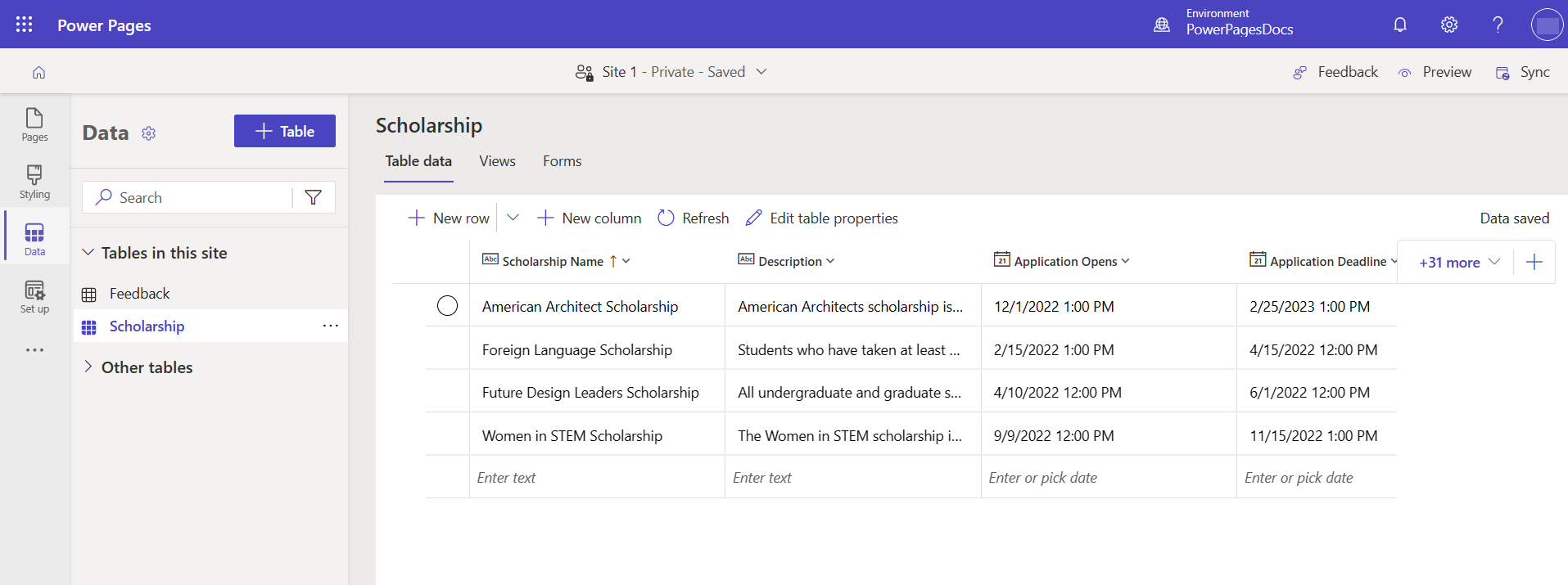 Screenshot of the Data workspace table designer that allows users to add data to their page.