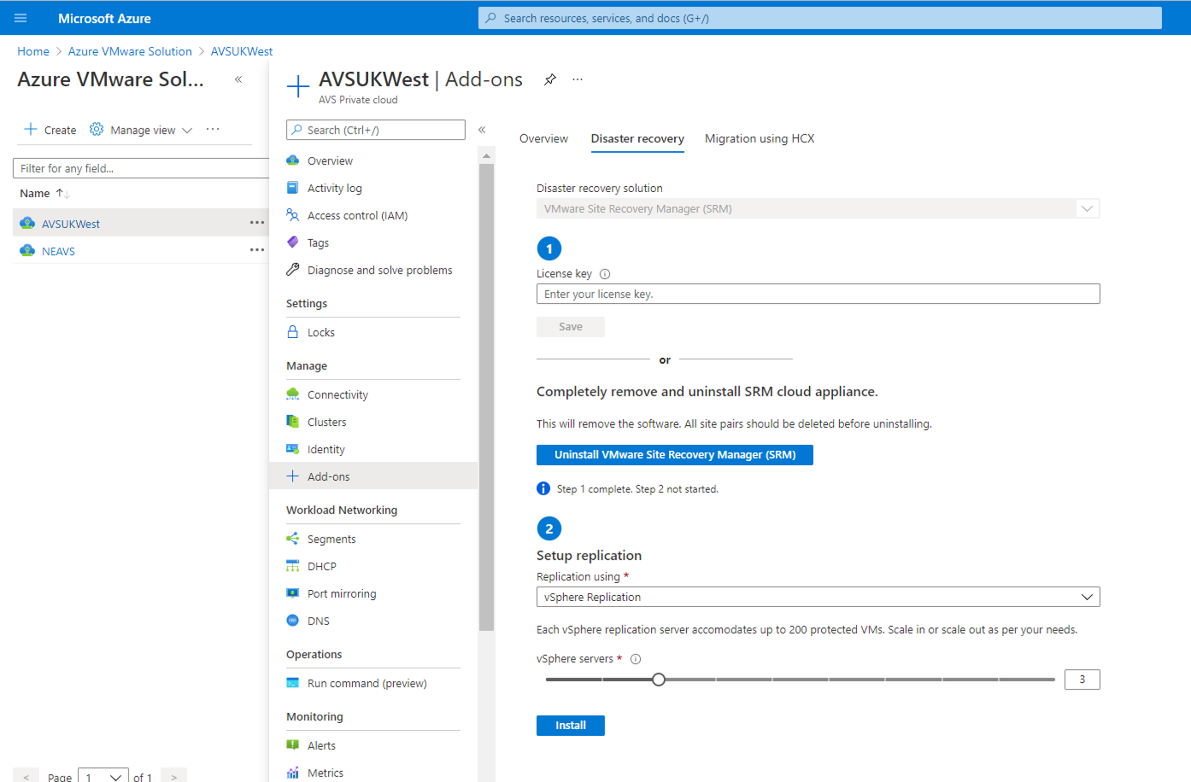 Screenshot of the Disaster recovery tab in Azure VMware Solution. The vSphere Replication option is selected under Setup replication.