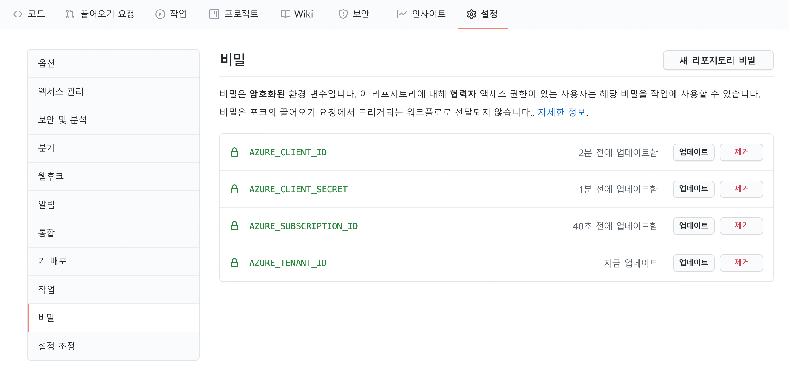 GitHub 설정 아래의 비밀 창에서 저장된 비밀을 보여 주는 스크린샷.