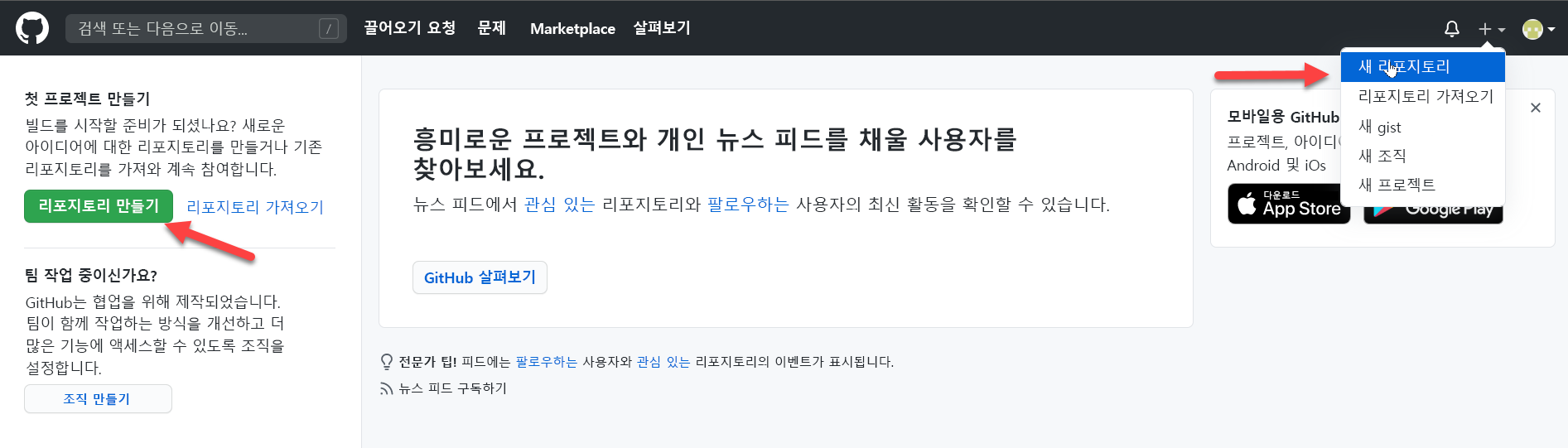 GitHub 리포지토리를 만들기 위한 선택 항목을 보여 주는 스크린샷