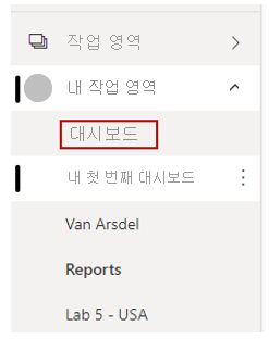 대시보드를 보여 주는 서비스 왼쪽의 Power BI 메뉴 스크린샷