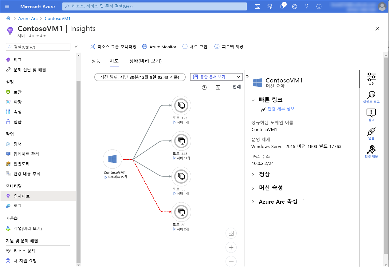 Azure의 VM에 대한 Insights 페이지에 있는 맵 탭을 보여 주는 스크린샷. ContosoVM1이 열려 있는 TCP 포트의 세부 정보와 함께 표시됩니다. VM 요약 또한 표시되어 VM의 운영 체제, IP 주소, 상태, 머신 속성 및 Azure VM 속성 링크를 자세히 설명합니다. 속성(선택), 로그 이벤트, 경고, 연결에 액세스할 수 있도록 3개의 단추가 표시됩니다.