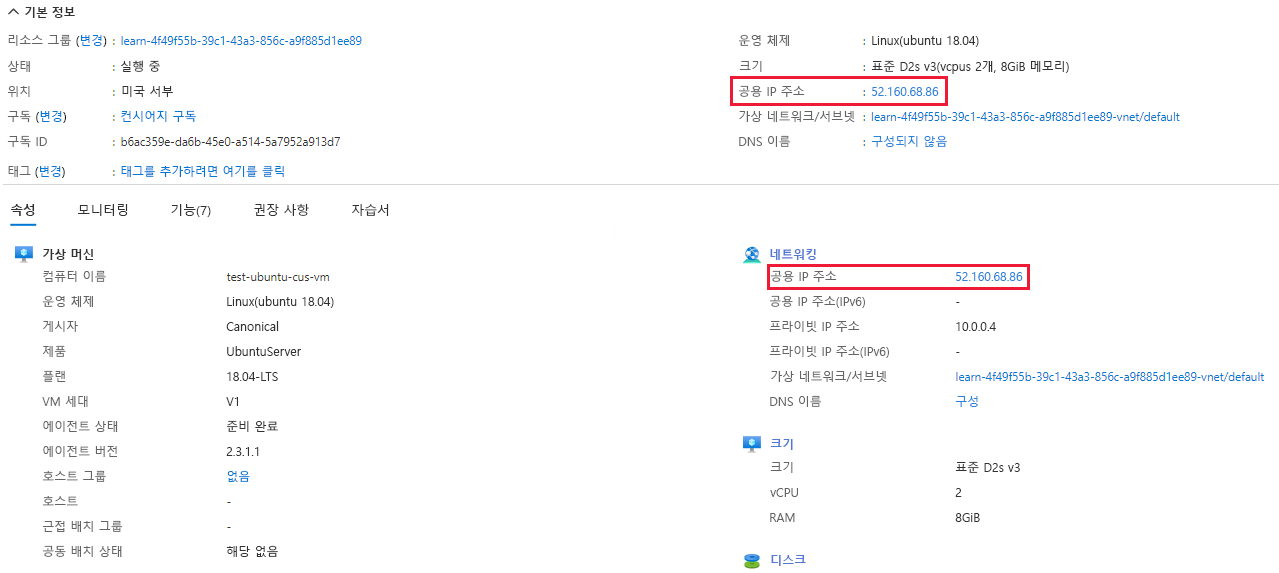 공용 IP 주소가 강조 표시된 VM 기본 사항 및 속성을 보여 주는 스크린샷