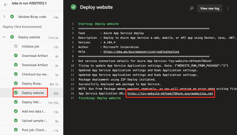 Screenshot of Azure DevOps showing the pipeline run log for the test environment's Deploy stage. The URL of the App Service app is highlighted.