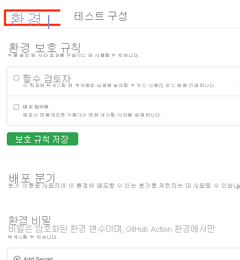 환경 링크가 있는 Test라는 새 환경에 대한 GitHub 페이지의 스크린샷.