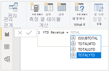 입력된 DAX 함수의 스크린샷.