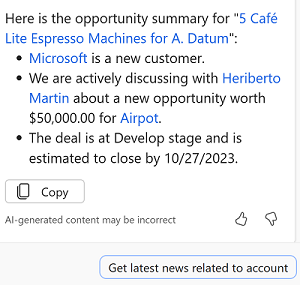 Screenshot of an opportunity summary generated by Copilot in Sales.