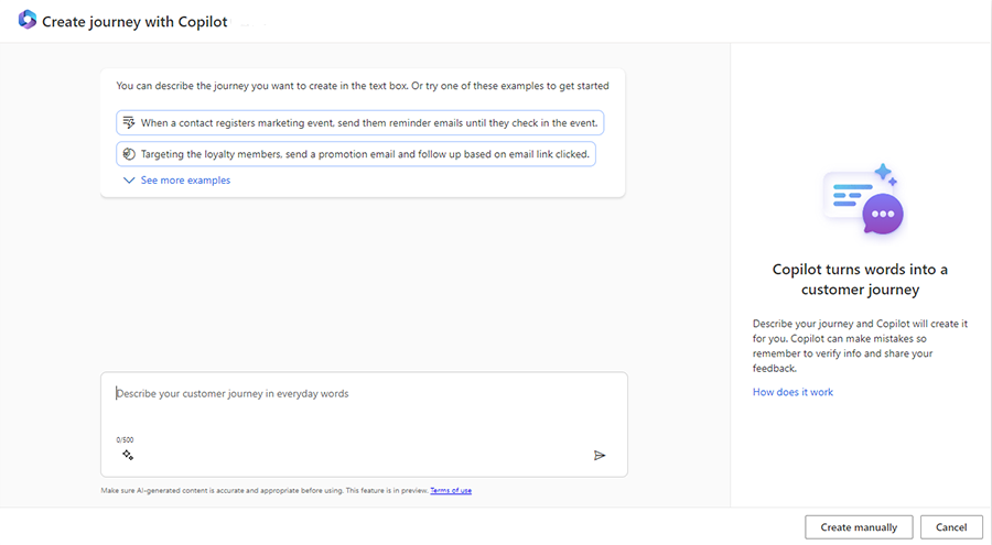 Screenshot of how to use Copilot to start creating a journey.