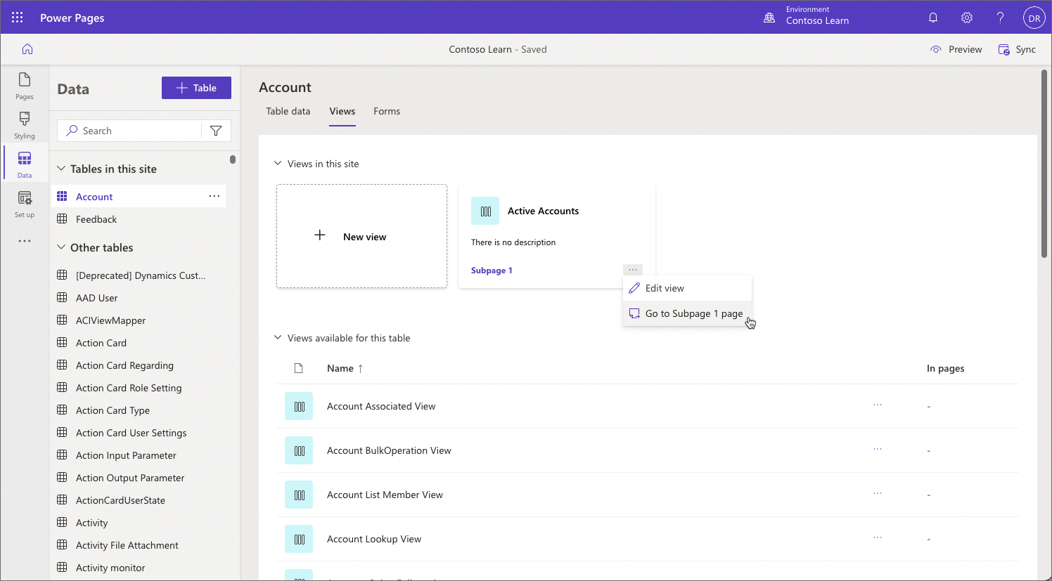 Screenshot of Table views functionality in Power Pages design studio.