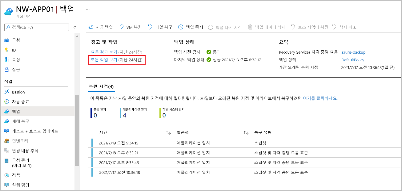 복원 작업에 대한 세부 정보 보기의 스크린샷.