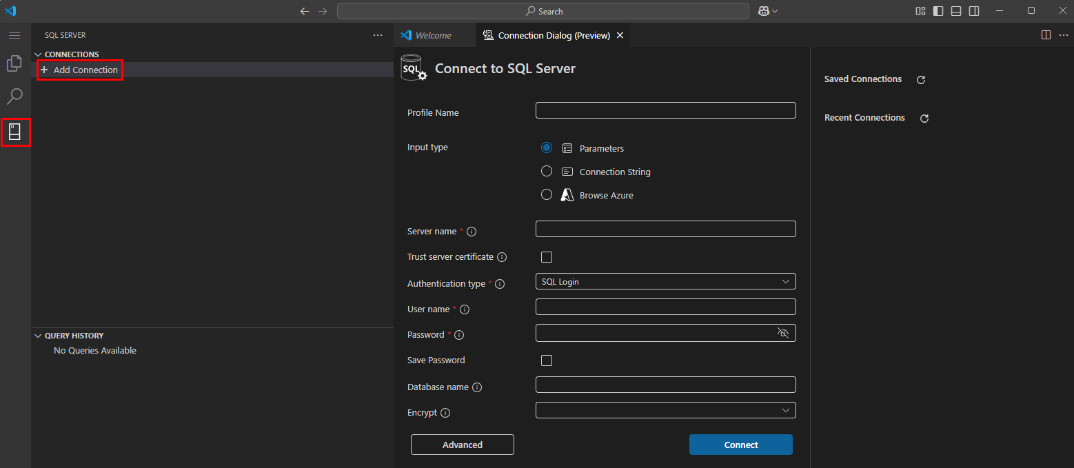 mssql 확장 연결 추가 대화 상자가 열린 Visual Studio Code의 스크린샷.