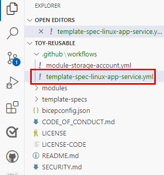 워크플로 정의 파일의 위치를 보여주는 Visual Studio Code의 스크린샷