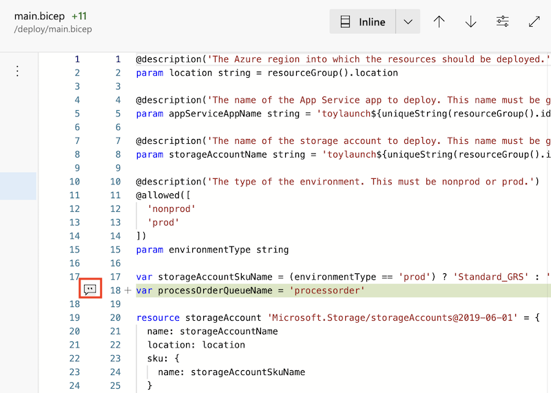 기본 점 bicep 파일의 변경 사항을 보여주는 Azure DevOps의 스크린샷 마우스가 줄 18을 가리키면 주석 추가 단추가 강조 표시됩니다.