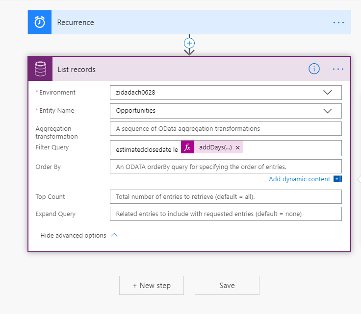 The Filter query is set to estimatedclosedate le addDays(...).