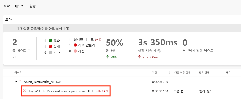 실패한 테스트가 강조 표시된 파이프라인 실행 테스트 결과를 보여 주는 Azure DevOps 인터페이스의 스크린샷