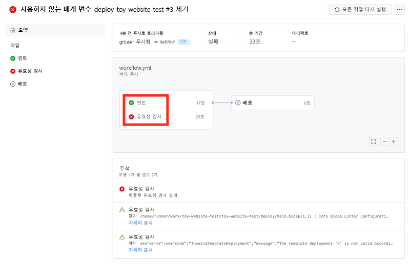 린팅 작업은 성공을 보고하고 유효성 검사 작업은 실패를 보고하는 워크플로 실행 스크린샷