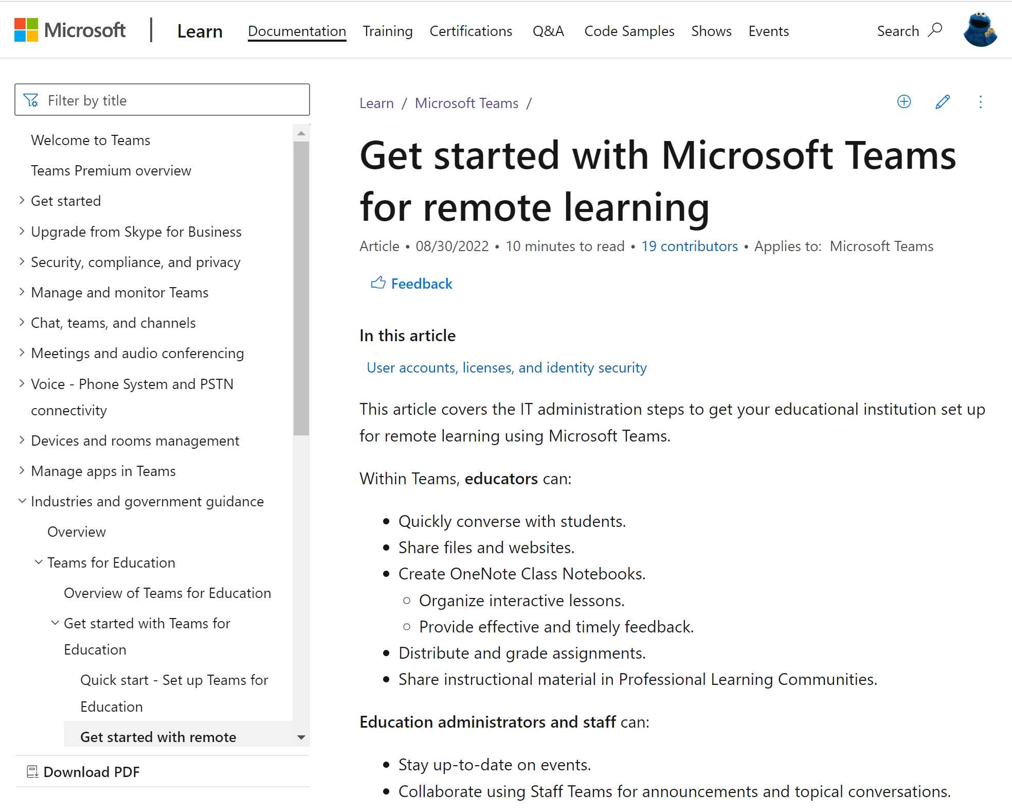 ‘원격 학습을 위한 Microsoft Teams 시작’ 문서의 스크린샷