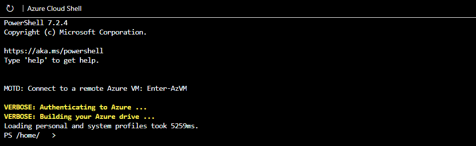 초기 시작 시 Azure PowerShell CLI의 스크린샷.