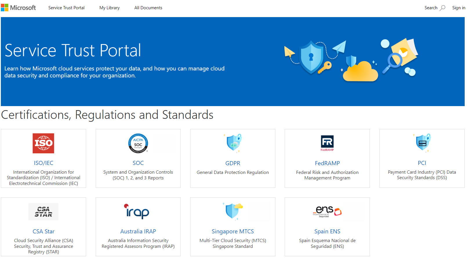 Service Trust Portal의 주 메뉴 항목이 표시된 스크린샷.