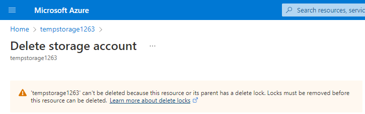 리소스 잠금 때문에 삭제할 수 없음을 설명하는 스토리지 계정 삭제 오류 메시지 스크린샷.