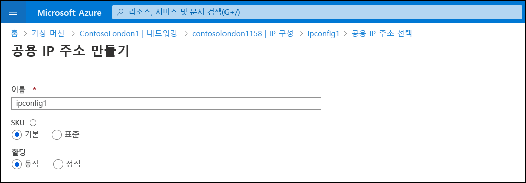 ipconfig1에 대한 공용 IP 주소 만들기 페이지의 스크린샷. SKU는 기본이고 할당은 동적입니다. 