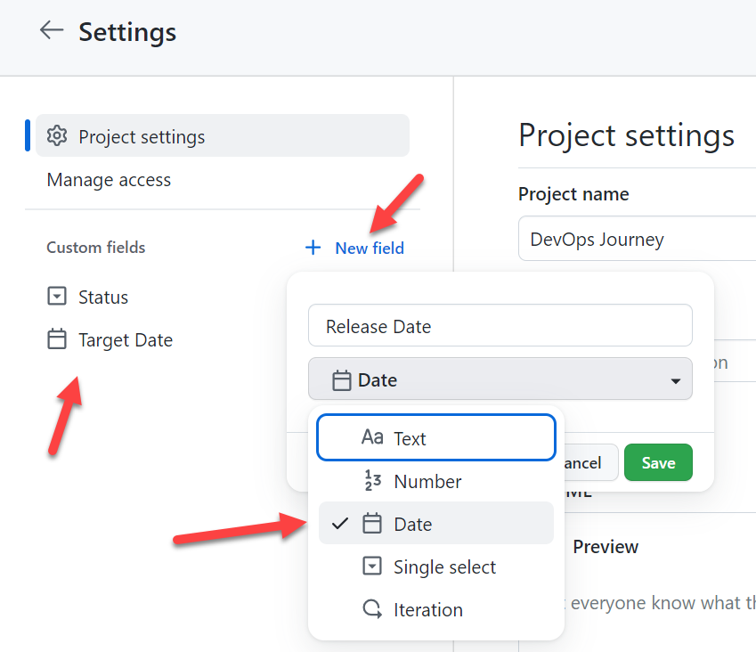 사용자 지정 필드를 만들기 위한 GitHub 프로젝트 설정 스크린샷.